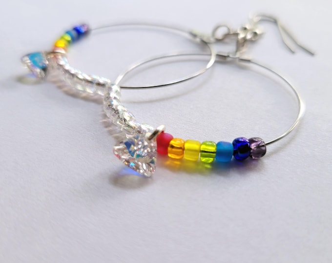 Refraction Earrings, Rainbow, Prism, Beaded, Crystal, Drop Earrings, Light Science, Refraction, Spectrum, Color, Science, Jewelry, Big Hoops