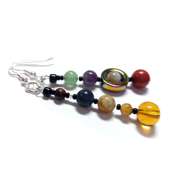 MicroMiniVerse Planet Earrings, Short Style, Solar System Earrings, Real Natural Gemstone, Planet Jewelry, Astronomy Jewelry, Chain of Being