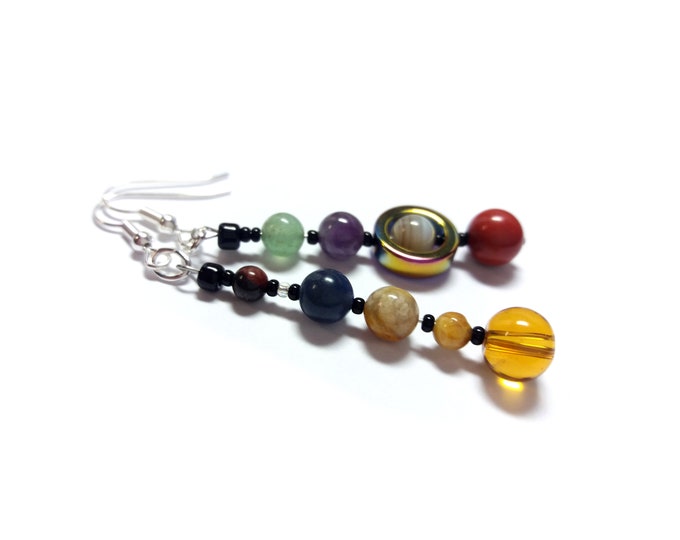 MicroMiniVerse Planet Earrings, Short Style, Solar System Earrings, Real Natural Gemstone, Planet Jewelry, Astronomy Jewelry, Chain of Being