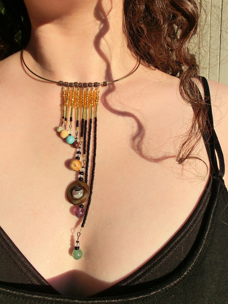 Solar System Necklace Cascade Proportional Distances in Glass and Stone Statement Necklace Beadwork image 3