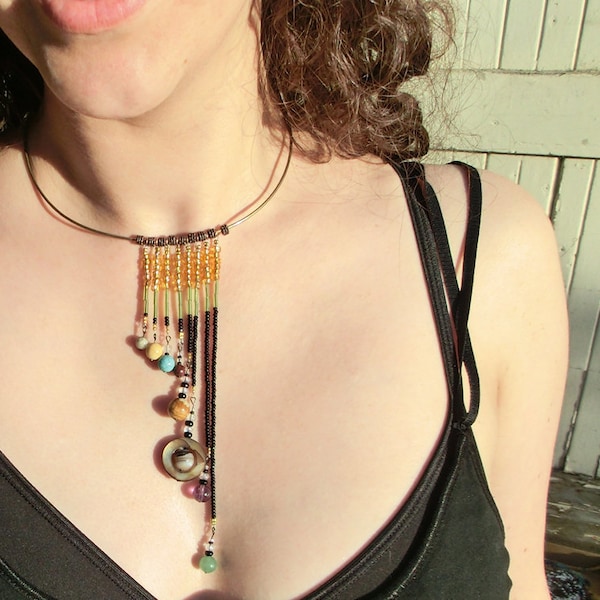 Solar System Necklace - Cascade - Proportional Distances in Glass and Stone - Statement Necklace - Beadwork