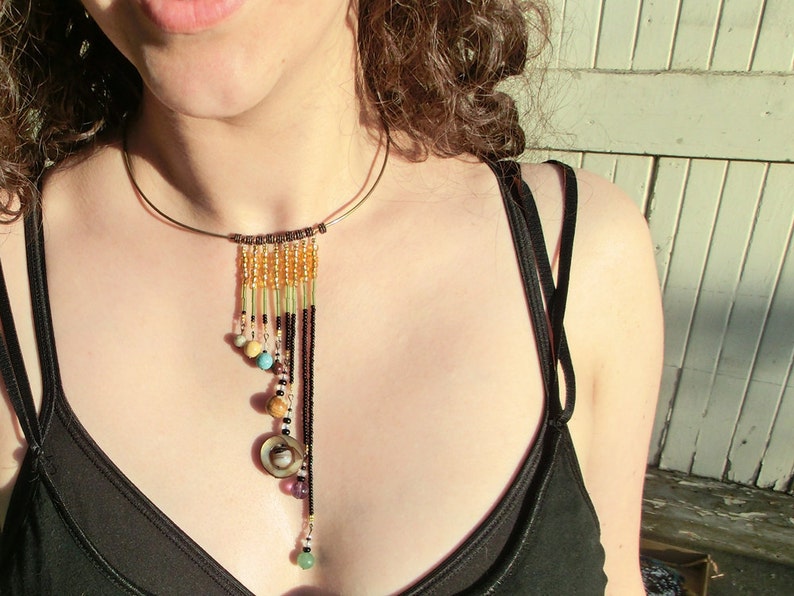 Solar System Necklace Cascade Proportional Distances in Glass and Stone Statement Necklace Beadwork image 1