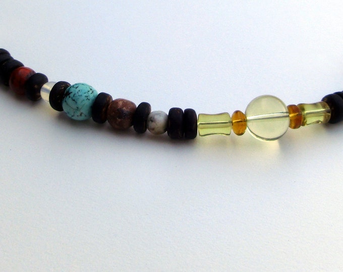 Solar System Necklace in Dark Wood Heishi - Mens Necklace - Planets of the Solar System and Proportional Distances in Wood and Stone