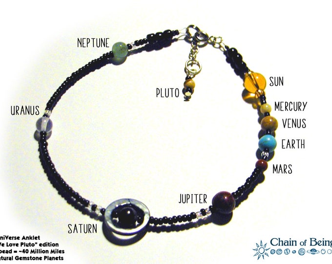 MiniVerse - We Love Pluto Edition - Solar System Anklet - Proportional Distances in Glass, Stone and Shell (10.5in)
