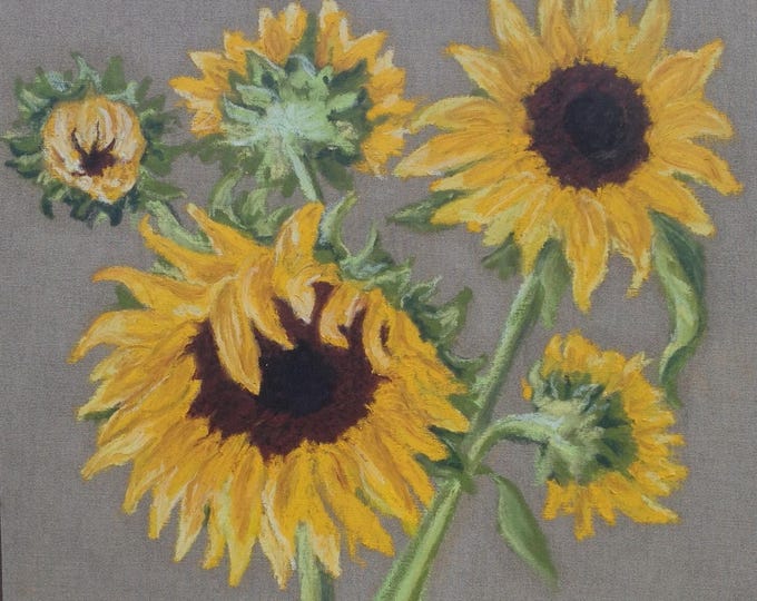 Sunflowers, original, oil pastel, yellow, brown,