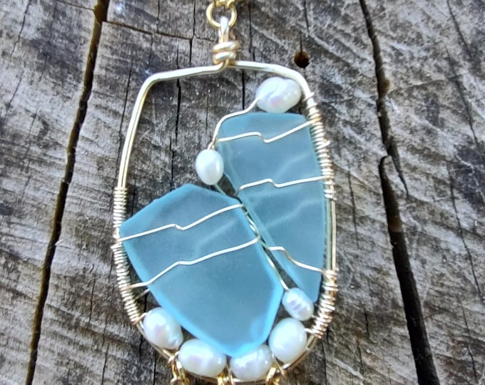 Fresh water pearls and blue glass pendant, recycled original