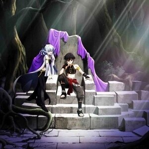 May include: Anime-style illustration of two characters in a forest setting. One character with white hair and a purple cape stands on stone steps. The other character, with black hair, sits on a stone throne, wearing black and red clothing.