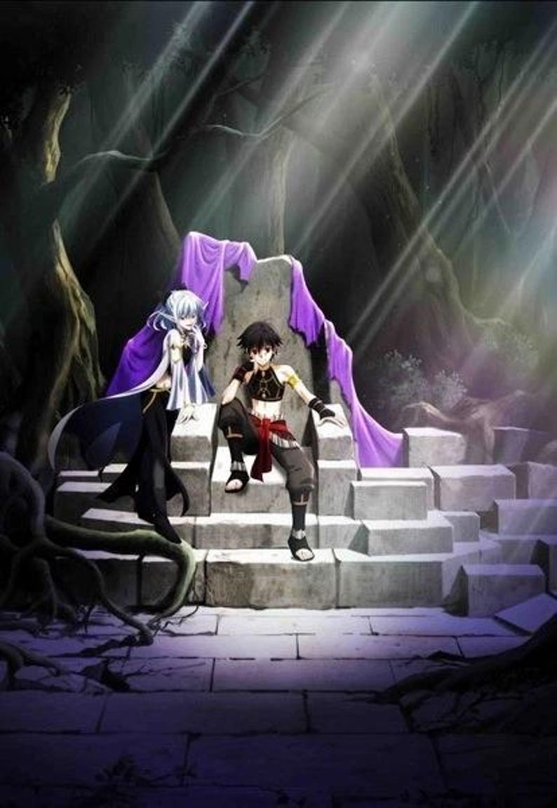 May include: Anime-style illustration of two characters in a forest setting. One character with white hair and a purple cape stands on stone steps. The other character, with black hair, sits on a stone throne, wearing black and red clothing.