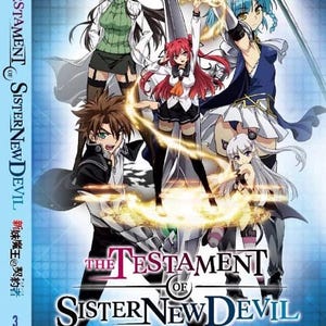 Puede incluir: Caja de DVD de la serie de anime "The Testament of Sister New Devil". La portada presenta varios personajes de anime con colores de cabello vibrantes, incluyendo rojo, azul y blanco. El título se muestra en una fuente estilizada, con texto japonés debajo. La caja del DVD está etiquetada como "Uncensored".