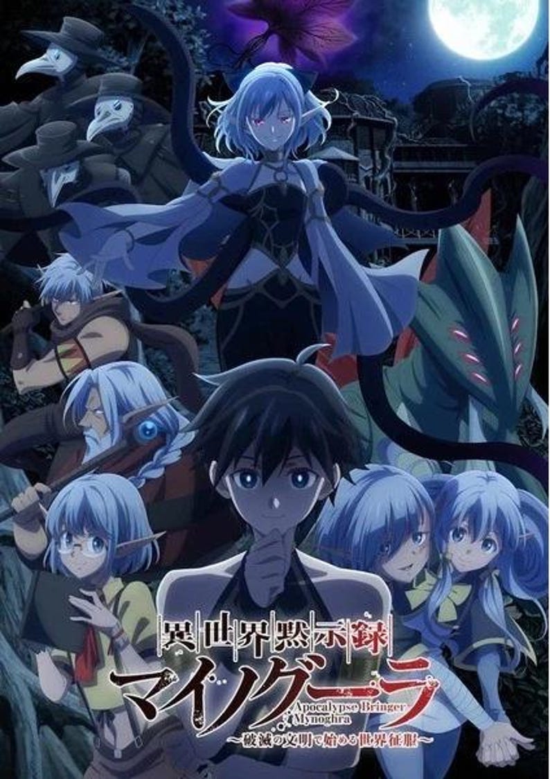 May include: Anime illustration with characters in dark clothing and blue hair. The image has Japanese and English text, with a full moon in the background. The overall theme is fantasy.