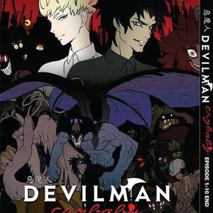 以下が含まれることがあります： アニメ「DEVILMAN crybaby」のDVDケース。表紙には、金髪と黒髪の2人の男性キャラクターと、様々な悪魔の姿が描かれています。「DEVILMAN crybaby」のタイトルと「EPISODE 1-10 END」が大きく表示されています。