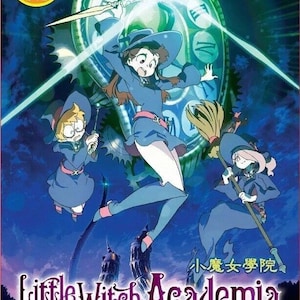 May include: DVD cover for "Little Witch Academia" featuring three animated witches in blue outfits. The background includes a large clock and a cityscape. The title is displayed in a stylized font, with Japanese text above it.