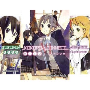 May include: Three manga book covers titled Kokoro Connect featuring anime-style illustrations of characters in school uniforms. The covers display the text Kokoro Connect, Hito-Random, and Kizu, with the author name Sadanatsu Anda visible.