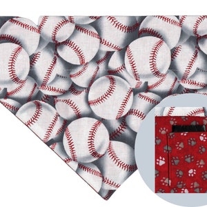 BASEBALL Dog Bandana, Reversible Dog Bandana with Pocket, Little League Dog Scarf, Red Paw Print Dog Bandana, Gift for Baseball Fan&#39;s Dog