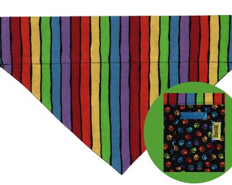 RAINBOW Dog Bandana with a Pocket, Plastic Bag Pocket, Reversible Rainbow Stripe Dog Scarf, Rainbow Pride Kerchief, Gift for Dog Mom or Dad