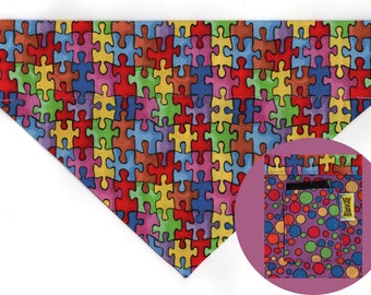 AUTISM PUZZLE Dog Bandana, Reversible Dog Bandana with Pocket, Autism Awareness Dog Bandana, Jigsaw Puzzle Dog Scarf, Gift for Dog