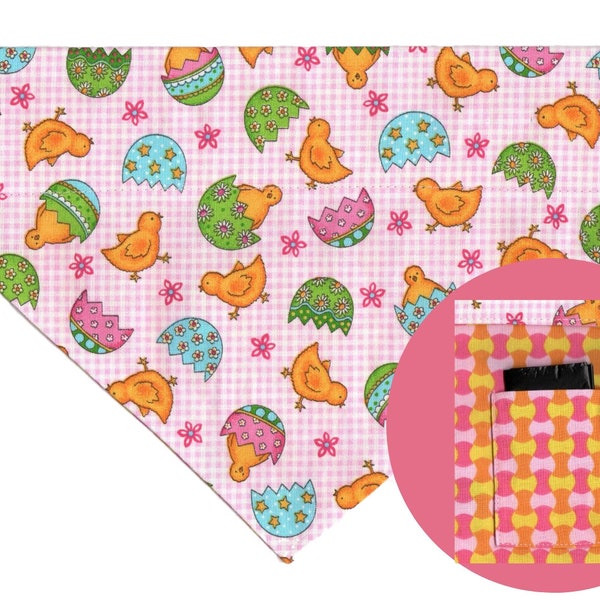 EASTER Dog Bandana, Reversible Bandana with Pocket, Poop Bag Pocket, Easter Eggs, Easter Chicks, Pink Checks, Basket Weave, Gift for Dog