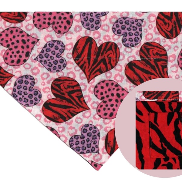 WILD HEARTS VALENTINE Dog Bandana, Reversible Bandana with a Pocket, Zebra Stripe Heart Dog Bandana, Animal Print Bandana, Therapy Dog Gift