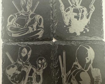 Deadpool Slate Coasters – Set of 4|Funny Antihero Drink Coaster Set |Comic-Inspired Gift for Him | Geeky Bar Décor |Nerdy Man Cave Accessory