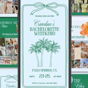 May include: A smartphone displays a light blue invitation for Caroline's Bachelorette Weekend in Palm Springs, CA, from September 23-25 at 6 PM. The invitation features palm trees and a bow design.
