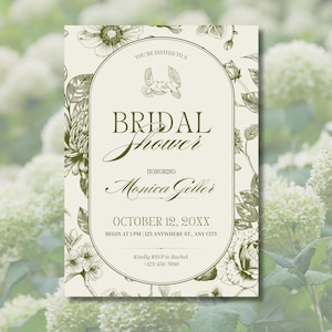 Elegant Green Floral Bridal Shower Invitation Template | Vintage Printable Invite | Editable Canva Template | Instant Download
