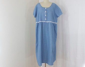 Denim Dress Plus Size Maxi Flower Buttons  and Lace Size 24