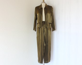 vintage pants and jacket set in  lame metallic antique brass  evening wear   formal outfit  set size 12 petite