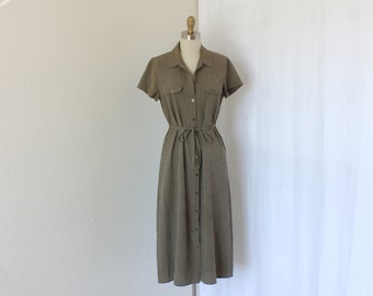 1950s Chocolate Brown Linen Wiggle Shirtdress with Mother of Pearl Carved Buttons and Jacket size Small Medium