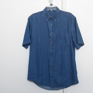 Vintage uomo blu scuro camicia in denim maniche corte collo button down