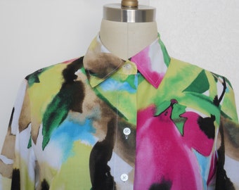 vintage blouse with colorful water color style painting design  by Dana Buckman size XS