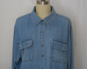 chemisier vintage en denim doux coton bleu manches longues by St. John taille 16W