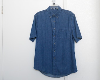 Vintage mens dark blue denim shirt short sleeves button down collar