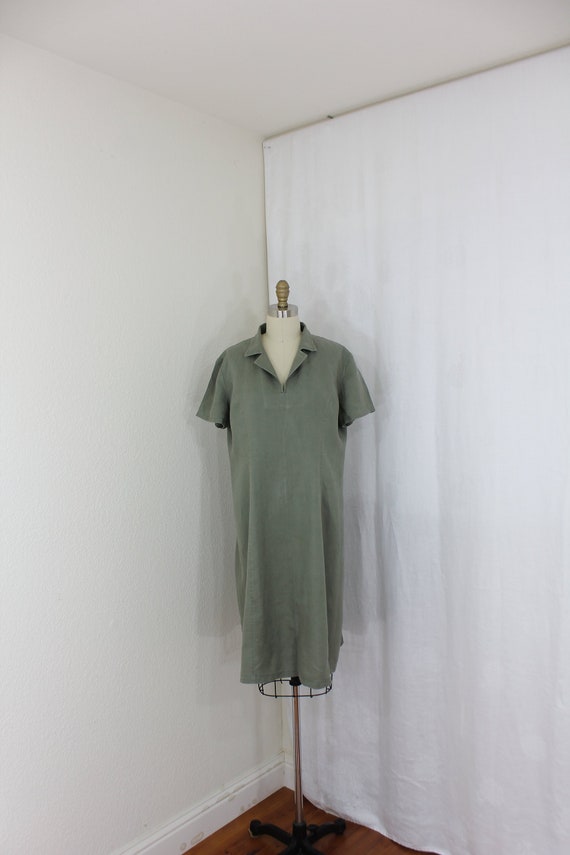 Casual loose fit linen dress in olive green - image 1