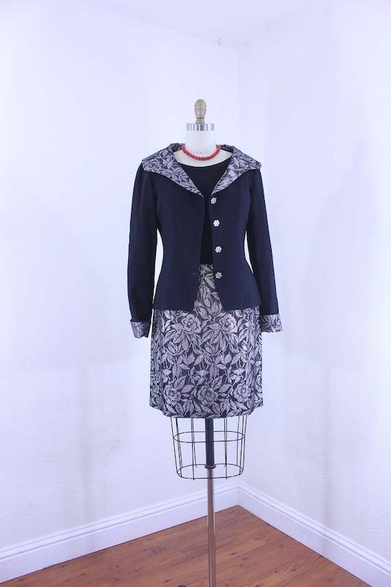 Vintage Two Piece Set Black Wool and Metallic S