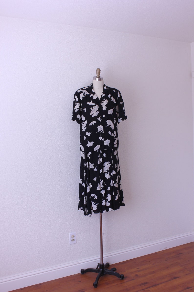 1980s Carole Little Blouse and Skirt with floral Design