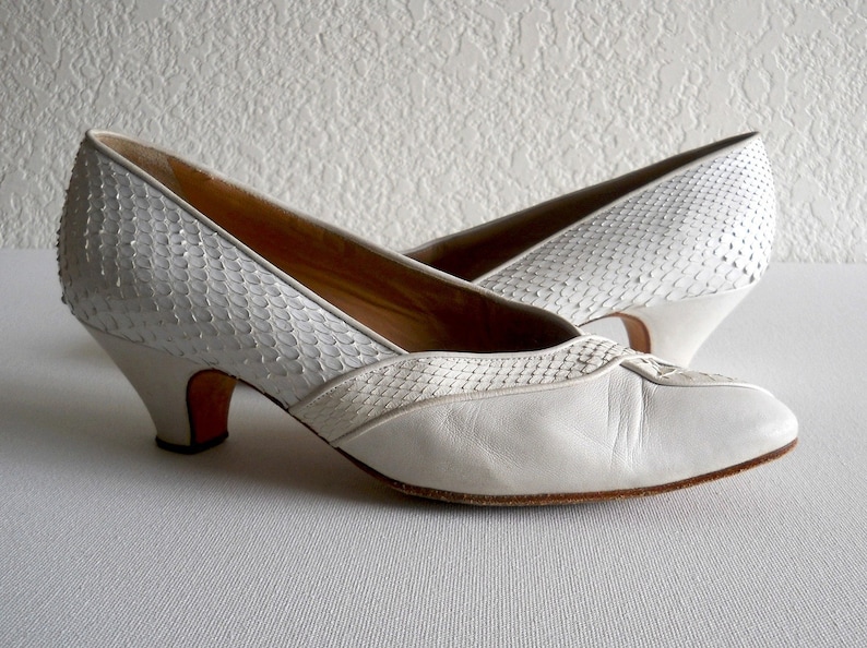 vintage 1960s designer pumps in white snake skin by Maud Frizon image 1