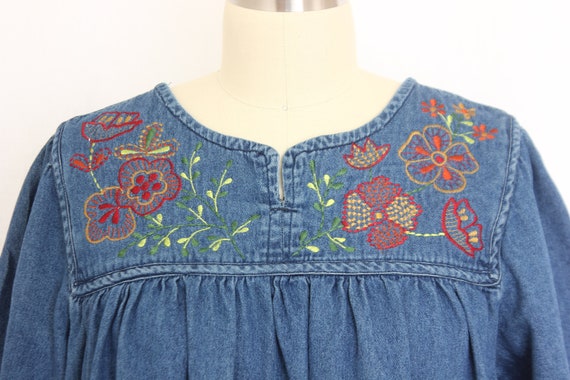 vintage denim blue embroidered tent dress size   … - image 1