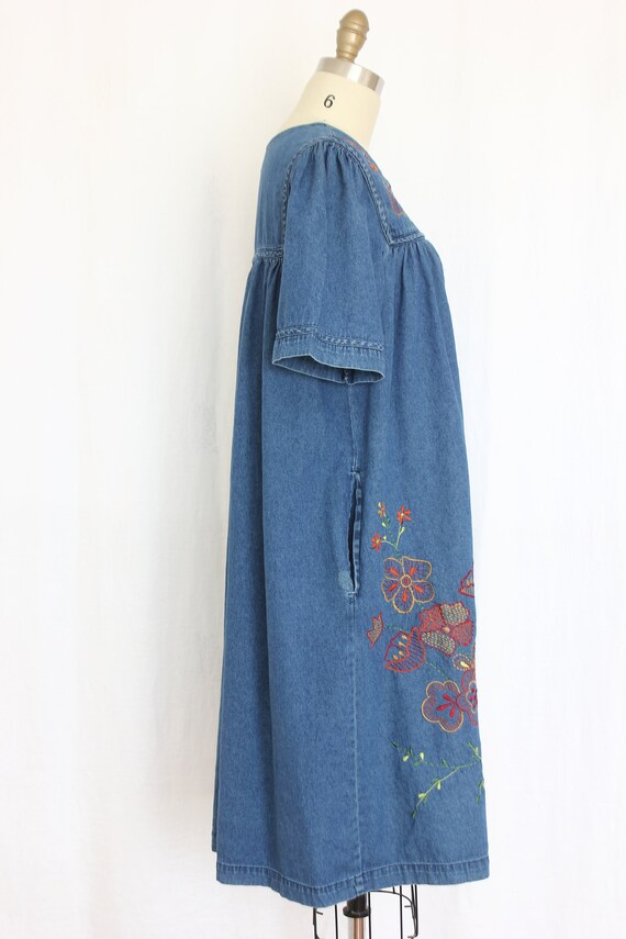 vintage denim blue embroidered tent dress size   … - image 5