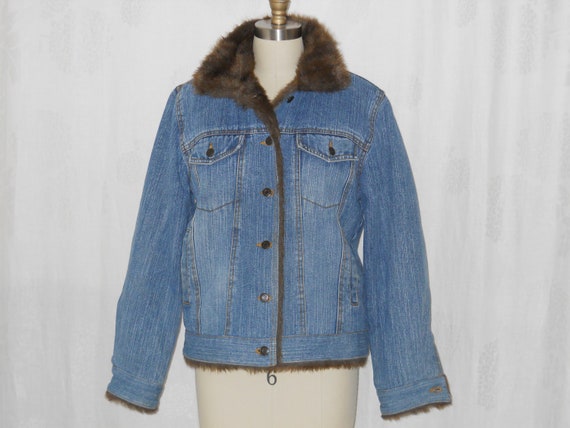 Vintage Womens Washed Denim Jacket Lined with Faux Mink Fur Size Medium