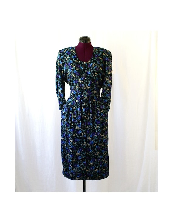 vintage dress, black floral print circa 1980's - image 1