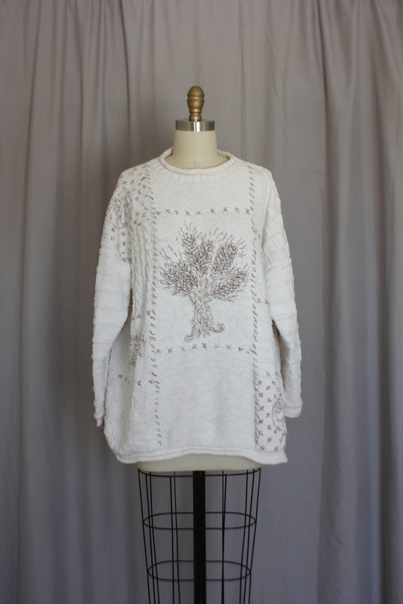 Cotton sweater embroidered with 3D stalk of wheat
