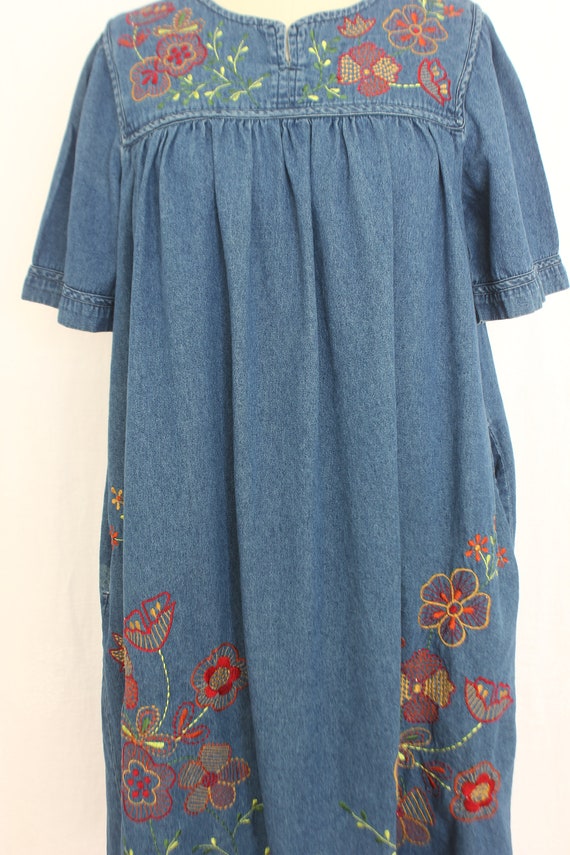 vintage denim blue embroidered tent dress size   … - image 7