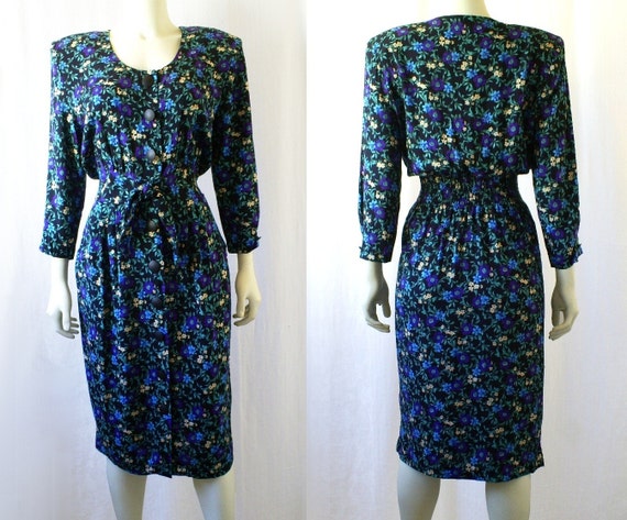 vintage dress, black floral print circa 1980's - image 3