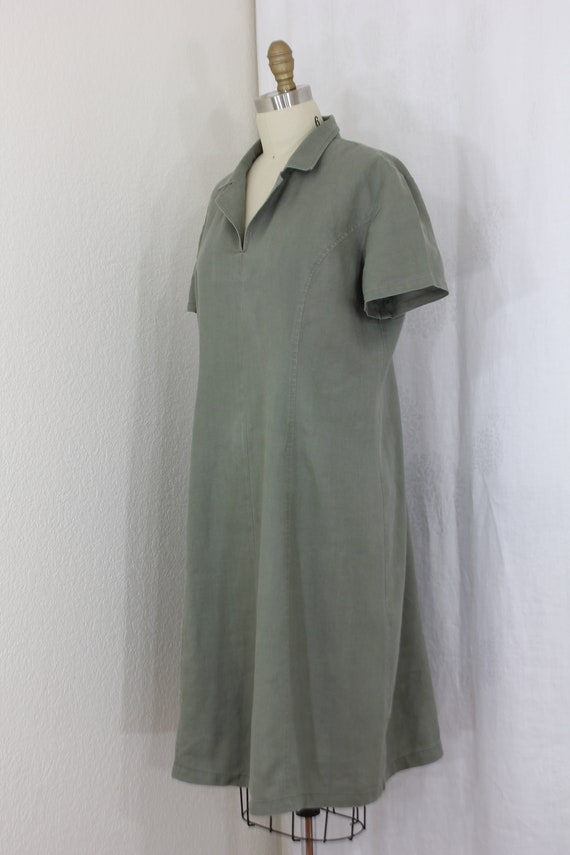 Casual loose fit linen dress in olive green - image 3