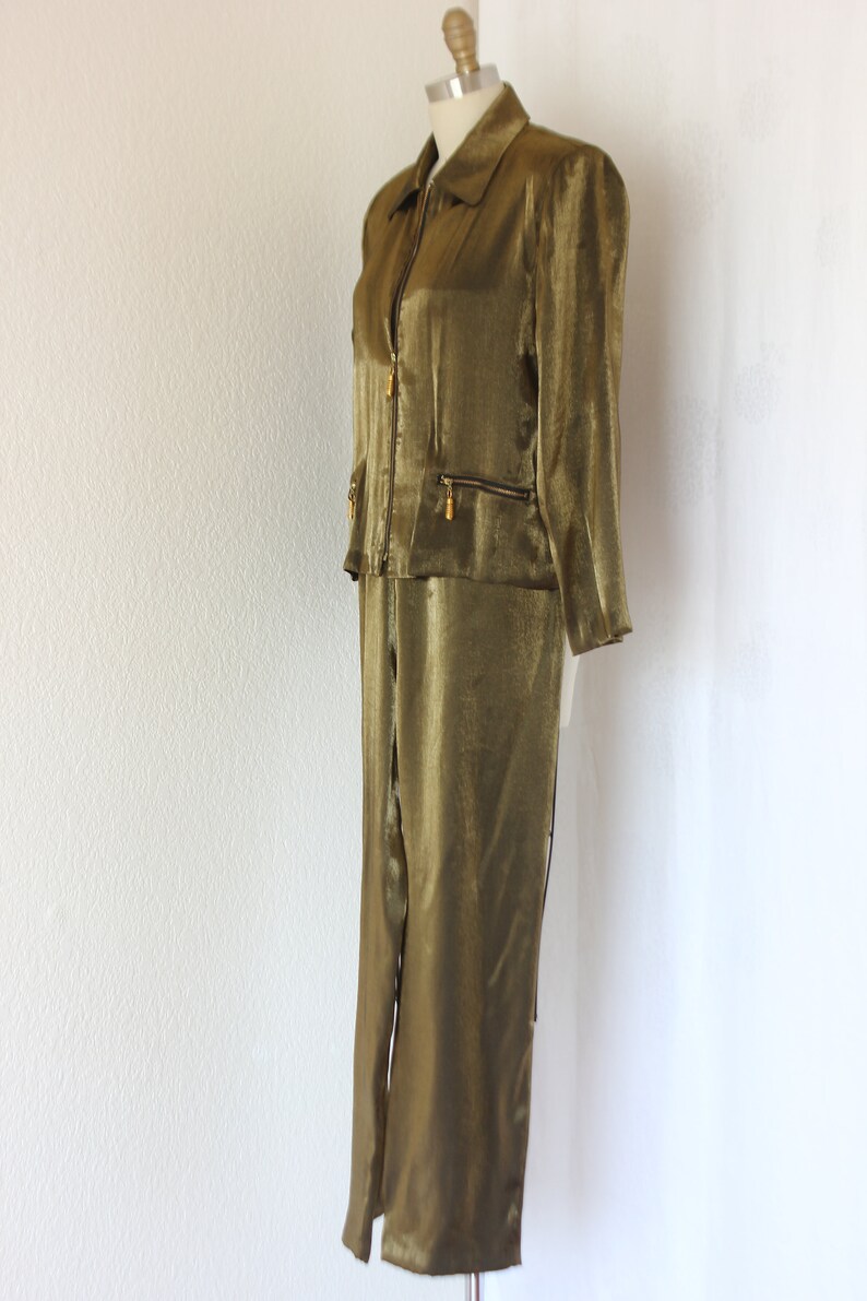 vintage pants and jacket set in lame metallic antique brass evening wear formal outfit set size 12 petite