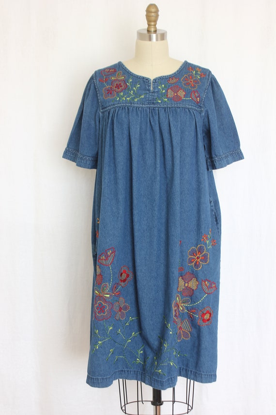 vintage denim blue embroidered tent dress size   … - image 3