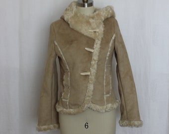 vintage faux suede and fur jacket  hooded in light camel color tailored jacket