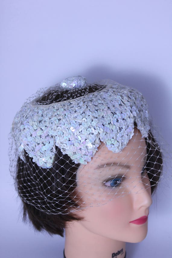 1930s wedding hat, off white, sequins, hatters uni