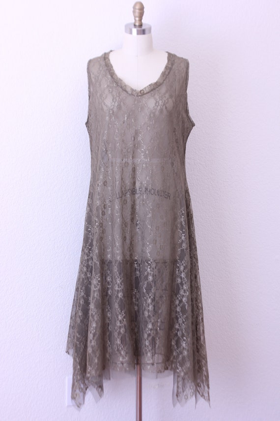 Vintage Lace Dress in Cement Green Assymetrical H… - image 2