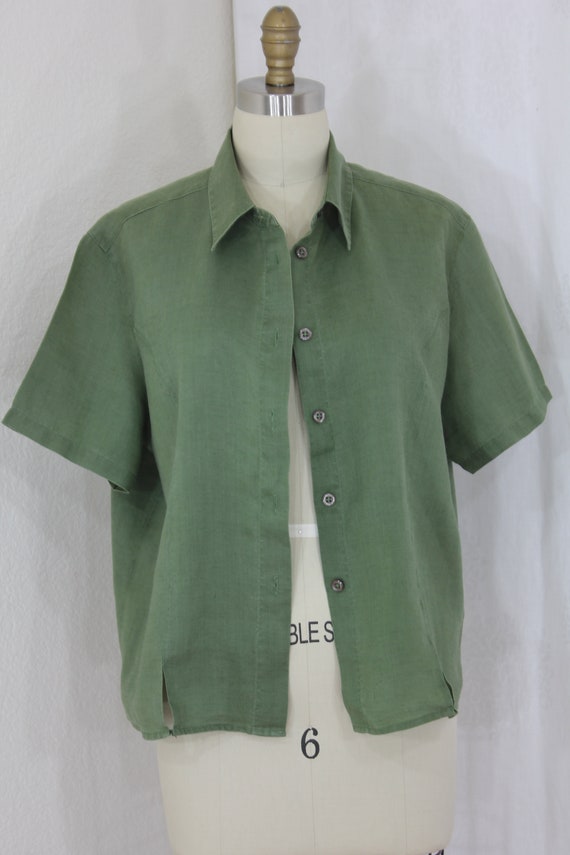 Vintage  flax linen collared blouse  forest green… - image 8